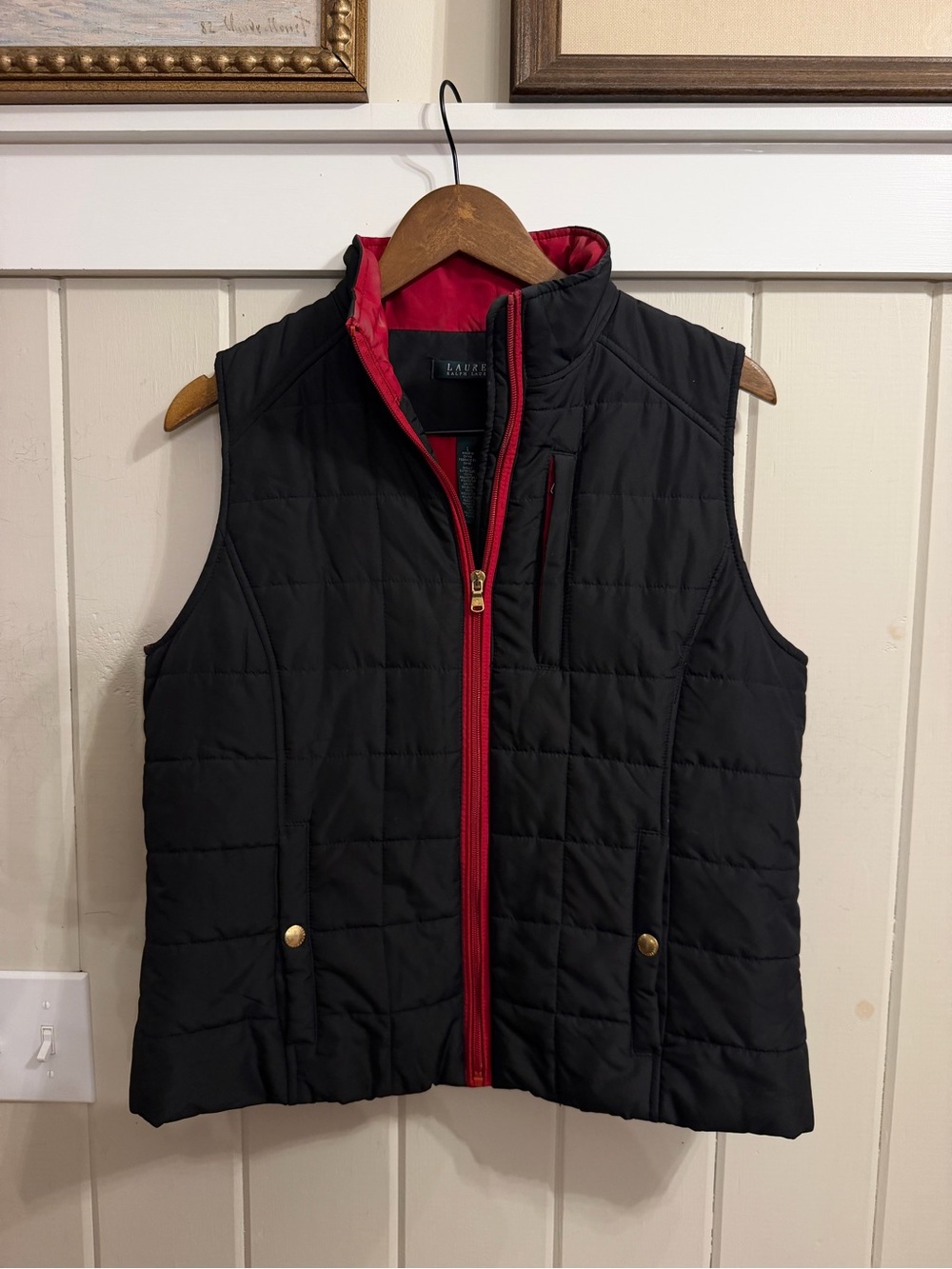 Lauren Ralph Lauren Quilted Black Vest w/ Red Trim, w/ Pockets, Size Large